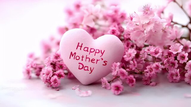 Mothers Day, Valentines Day, love holiday theme. A vibrant pink heartshaped object with the words Happy Mothers Day inscribed on it, surrounded by delicate pink flowers on a white surface.