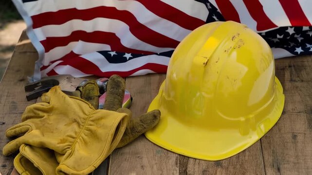 Yellow hard hat and work gloves with American flag on wooden table  construction worker safety equipment