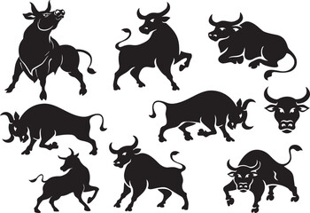 Silhouette Bulls Set: A striking collection of bull silhouettes, each capturing the essence of power and determination, perfect for design assets. 