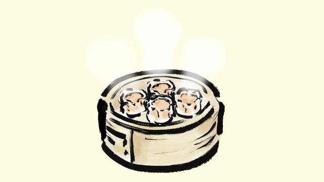 蒸篭の蓋を開けて餃子が出てくる筆タッチの動画アニメーション	