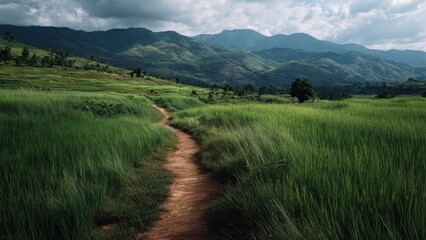 Scenic Path Through Rice Fields in Southeast Asia