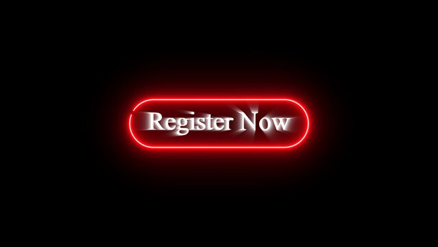 Neon register now button glowing on black background