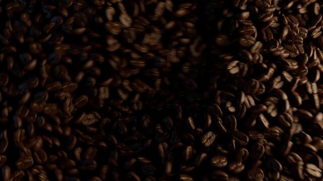Roasted coffee beans falling in slow motion.