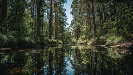 Obraz premium Serene forest river with reflections