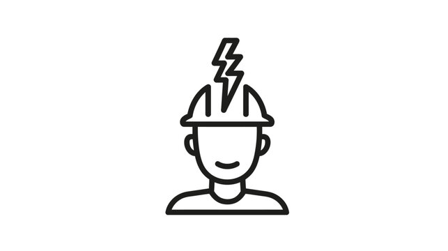 Electrician or electrical worker line icon with hard hat and lightning bolt symbol, representing power and engineering.