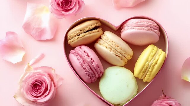 Mothers Day, Valentines Day, love holiday theme. A heartshaped box filled with macarons of various colors, surrounded by pink roses and petals on a pink background.