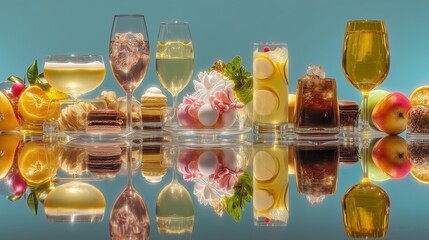 Elegant Beverage and Dessert Arrangement with Fruits