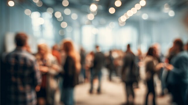 Blurry photo of people socializing in modern indoor event space with bokeh lights