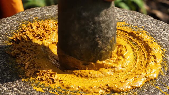 Traditional Indian Grinding Stone Pestle Crushing Vibrant Yellow Turmeric Paste Powder Creating Rich Spice Paste in Natural Sunlight Outdoor Setting With Blurred Greenery Background