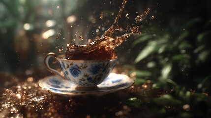 Porcelain Teacup with Dramatic Tea Splash