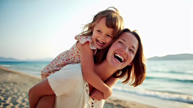 Mothers Day, Valentines Day, love holiday theme. A woman and a child laughing joyfully on the beach at sunset. The woman, wearing a white dress, holds the child in her arms.