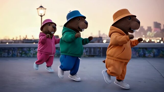 rooftop dance scene to life with three animated capybaras in oversized tracksuits and bucket hats, capturing their playful 90s-inspired moves amid a vibrant cityscape.
