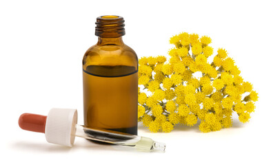 Helichrysum Flower with Essential Oil Bottle and Dropper
