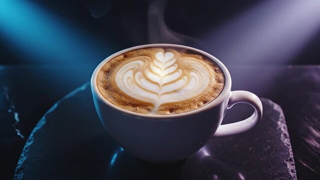 Close-up of a steamy hot latte coffee with intricate foam art, bathed in warm light on a dark table.