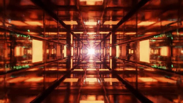Smooth forward video through a futuristic, abstract digital tunnel with glowing orange-red frames, pulsing light, and radiating blue-green visualizer lines. Futuristic data stream concept