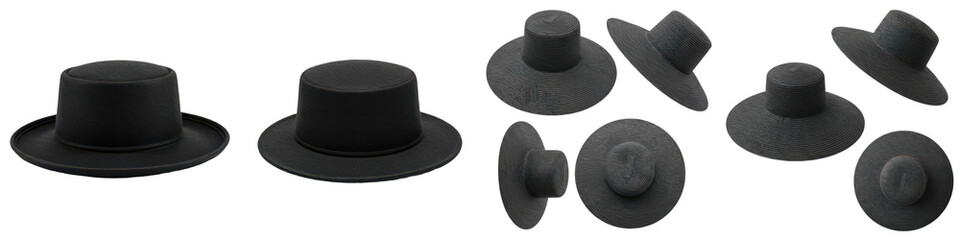 Set and collection of elegant black felt wide-brim boater and bolero hats for men and women, featuring various angles and crown styles, isolated on white transparent PNG background