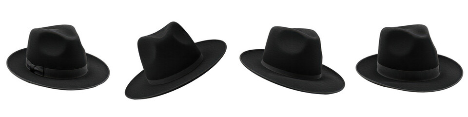 Set and collection of classic black felt fedora hats for men and women featuring various angles and stylish brim designs, isolated on white transparent PNG background