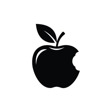 Iconic black bitten apple silhouette with a leaf on a white background, representing food, technology, or a healthy lifestyle.