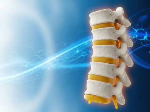 Anatomical lumbar spine vertebrae with yellow intervertebral discs, blue neural energy waves, symbolizing spinal health, nerve function, pain, or chiropractic care