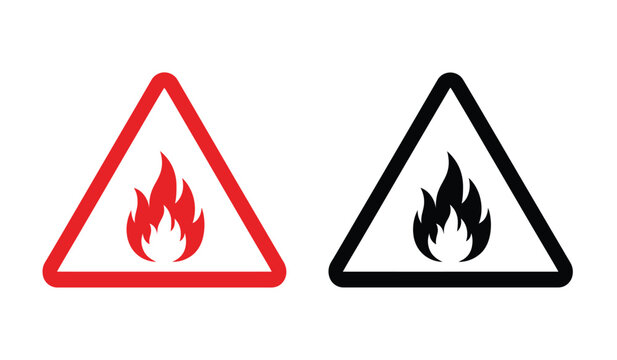 Warning signs with flame icons in red and black colors for fire hazard or danger alert
