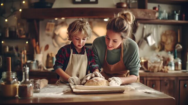 Mothers Day, Valentines Day, love holiday theme. A woman and a young boy in aprons kneading dough on a wooden table. The table is covered with flour, a glass, and a rolling pin.