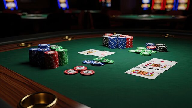 Poker game setup with chips and cards on green table
