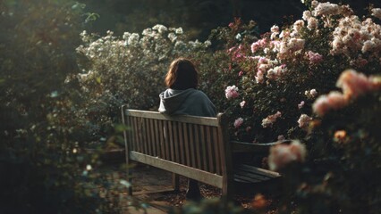 Fototapeta premium Woman on bench in a flower garden