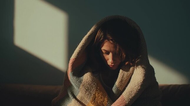 Person sitting quietly wrapped in a soft blanket, safe and cozy atmosphere, indirect natural light, peaceful domestic sanctuary, mental health and comfort, quiet recovery moment.