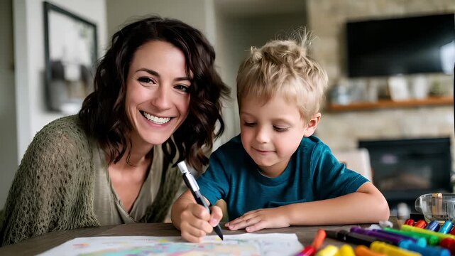 Mothers Day, Valentines Day, love holiday theme. A woman and a young boy sitting at a table, both focused on coloring. The woman holds a marker, and the table is filled with markers, a bowl.