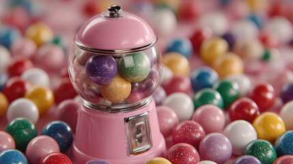 Pink gumball machine with colorful gumballs