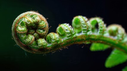 Young green fern fiddlehead spiral macro