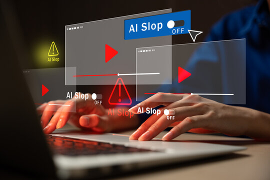 Concept of rejecting AI slop. female hands typing on laptop with warning overlays, symbolizing resistance to low-quality AI-generated digital media. ai, slop, artificial, intelligence, warning.