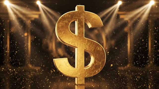 Golden dollar sign, richly textured, illuminated by spotlights, symbolizing wealth and success.