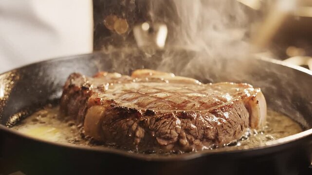 Close-up of a juicy ribeye steak cooking in a hot cast-iron pan, sizzling in butter.
