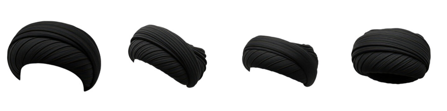 Set and collection of black male turban headwear from multiple angles featuring traditional pleated fabric design, isolated on white transparent PNG background