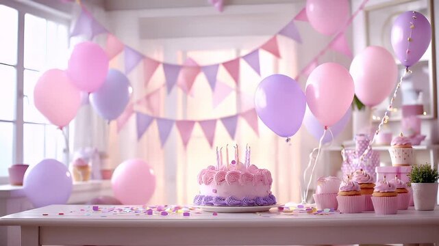 Birthday celebration theme for party event. A festive birthday celebration with a cake adorned with lit candles, surrounded by pink and purple balloons, cupcakes, and confetti on a table.
