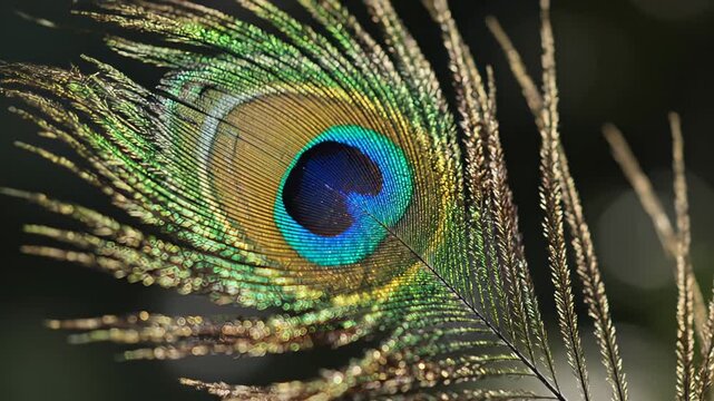 Close up of a vibrant peacock feather showcasing intricate details and iridescent blue green and gold eye pattern against a dark blurred background with soft bokeh highlights