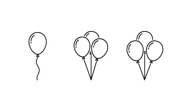 A set of black line art illustrations of single and multiple balloons tied to ribbons