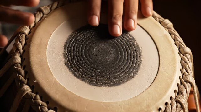 Close-up of hands playing a traditional Indian tabla drum with intricate patterns on the playing surface and warm ambient lighting highlighting the instrument's texture and craftsmanship detailed
