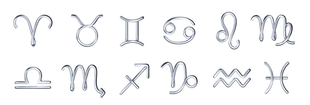 Silver zodiac signs collection with astrology symbols PNG. Celestial collection of chrome astrological symbols.