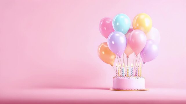 Birthday celebration theme for party event. A pastelcolored birthday cake adorned with numerous lit candles, set against a soft pink backdrop. The cake is decorated with a variety of pastel colors.