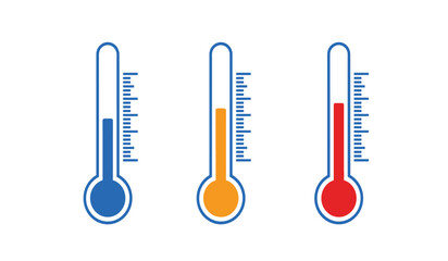 Three colorful thermometer icons in blue, orange and red
