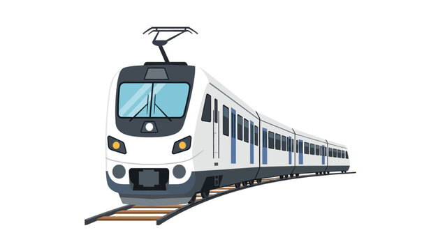 Modern white and blue train on tracks with yellow lights