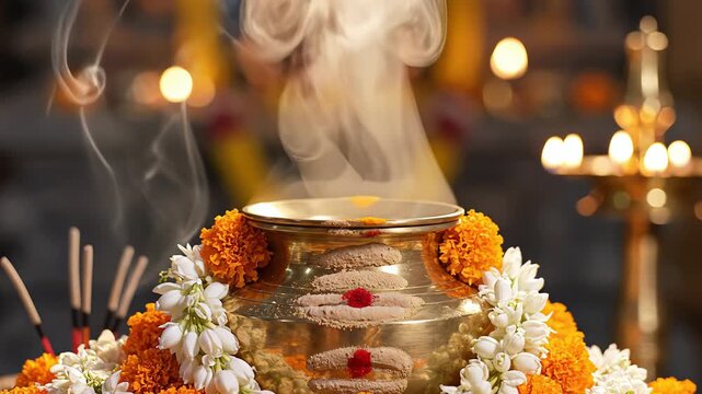 Golden Pot Decorated With Orange Marigold And White Jasmine Flowers With Incense Smoke Rising Upwards In Soft Lit Interior Background