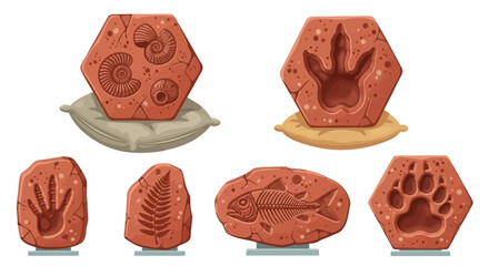 Fossilized dinosaur footprints and tracks showcased on various terracotta pedestals from a frontal viewpoint © Steven