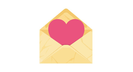 A vibrant pink heart emerging from a light yellow envelope, symbolizing love and affection, viewed from directly above.
