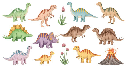 Ancient dinosaurs roam freely in a lush prehistoric landscape with volcano, plants, and flowers in a vibrant illustration © Steven