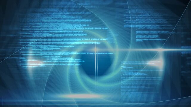 Digital animation of data processing against swirly light trails on blue background