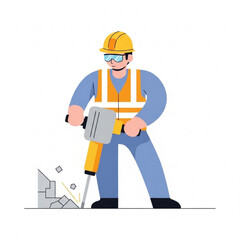 Construction worker using jackhammer to break concrete surface  