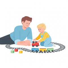 Fototapeta premium Father and young child playing with toy train on carpet indoors 